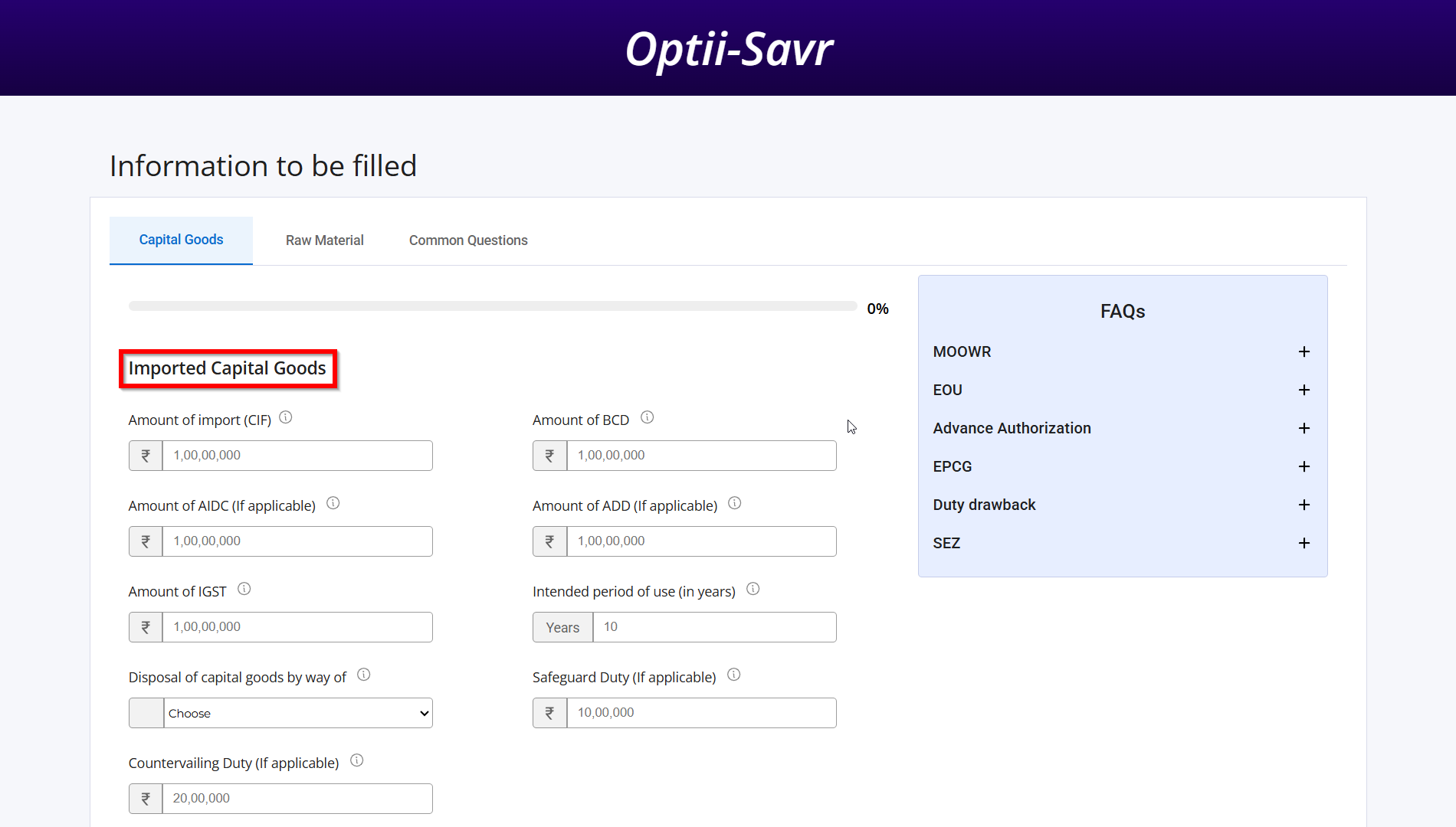 Imported Capital Goods Input Section